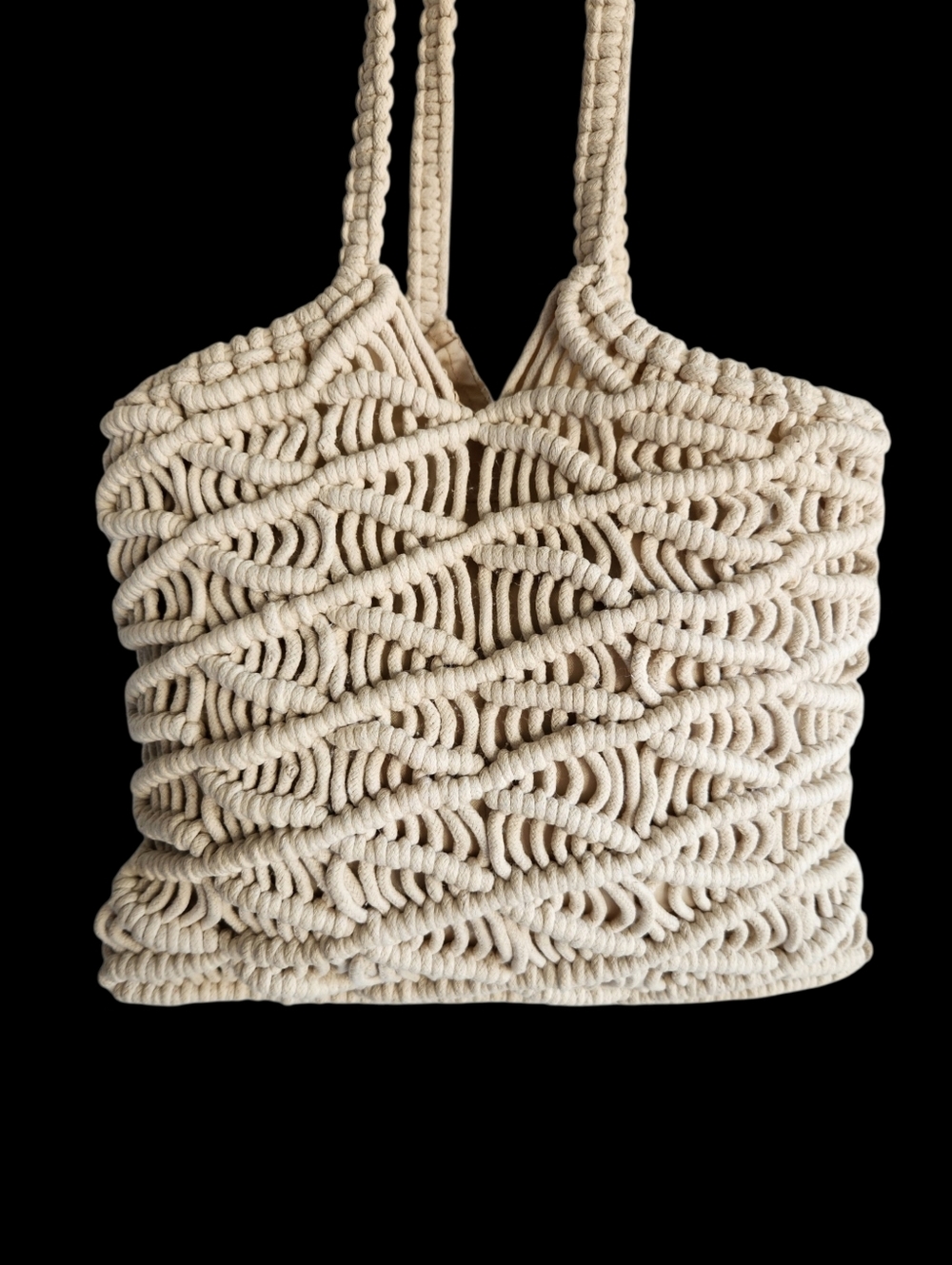 C&C California Woven Crochet Macrame Tote Cream Shoulder Bag Boho Open Weave - Picture 2 of 15
